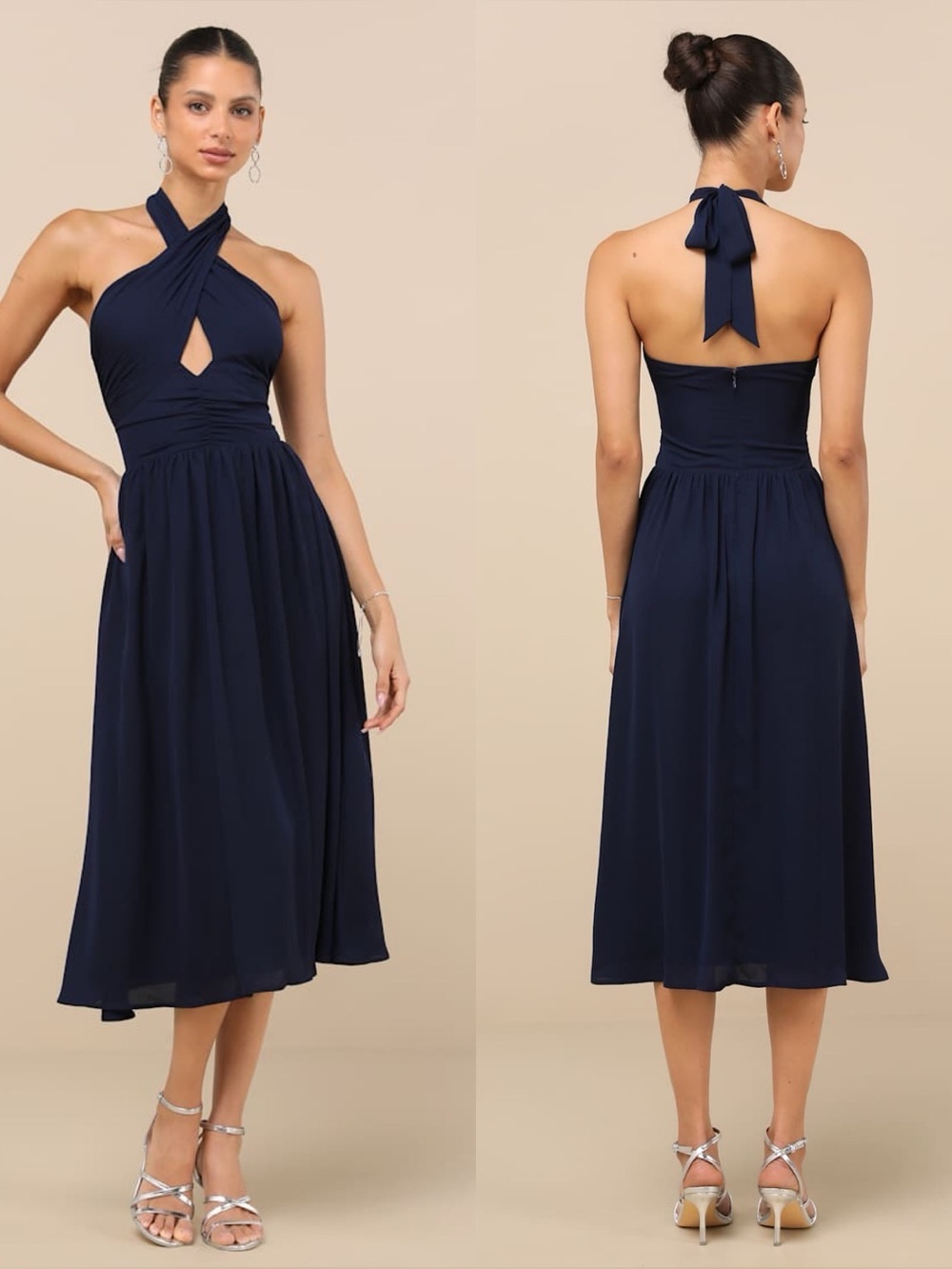 LULU'S Emrah Navy Cross-Front
Cutout Halter Midi Dress